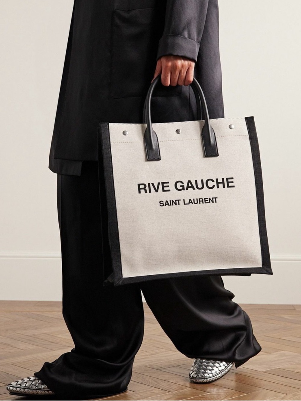 SAINT LAURENT  Rive Gauche Leather-Trimmed Canvas Tote Bag in Beige and Black